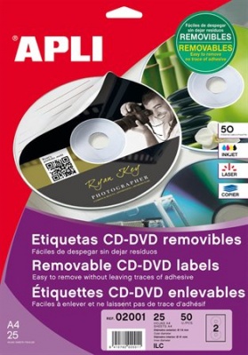 Etikett, CD/DVD, A4, matt, eltávolítható, APLI